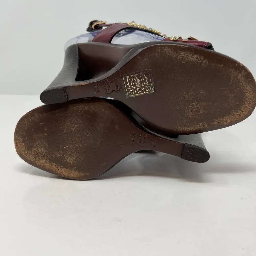 Tory Burch Women's Size 7 Kingsbridge Studded Open Toe Wedge Maroon Sandals - Picture 6 of 15
